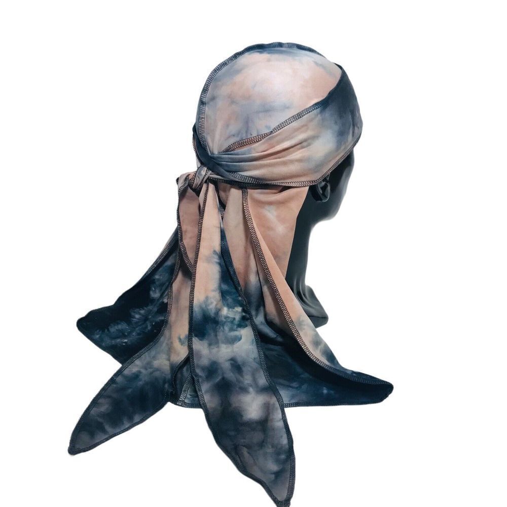 Tie Dye Jersey Durag Long Tail Head Scarf Grey Pink Stretch Wave Cap Turban